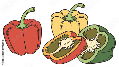 A group of colorful bell peppers including red green and yellow with some cut in half showing seeds