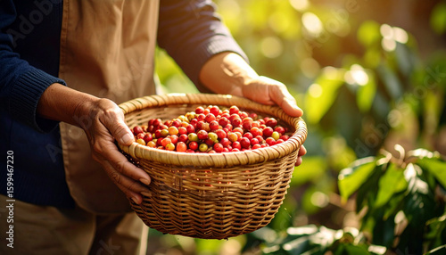 Farmer’s Hands Harvesting Ripe Coffee Cherries into Woven Basket, Close-Up, Authentic