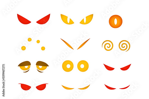Set of spooky glowing eye shapes flat Halloween vector icons
