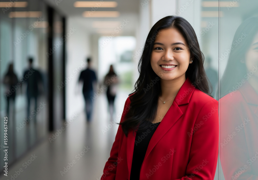 Young Asian woman in red blazer leaning casually on glass wall in office corridor. Bright smile, confident and approachable body language. Young Asian woman in red blazer leaning casually on glass wall in office corridor. Bright smile, confident and approachable body language.