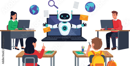Ai education technology in classroom online learning and teaching with robot teacher concept vector design