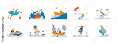 Set of water sport vector illustration. Extreme sport illustrations set. Flat vector illustration concept.