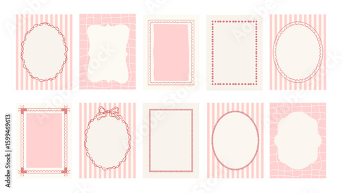 Set of Vintage hand drawn frames with whimsical lines, bows, ribbons. Cute pink red minimalist line art borders. Vector template for poster, banner, wedding invitation, card.