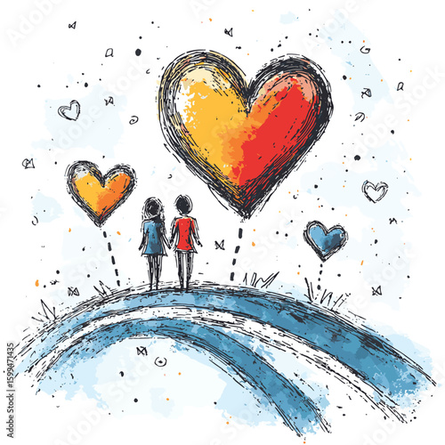 Heart. Abstract love symbol. Geolocation signs and trip plan tracker with heart symbol. Traffic route between two loving people. Vector hand draw illustration