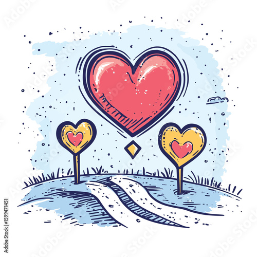 Heart. Abstract love symbol. Geolocation signs and trip plan tracker with heart symbol. Traffic route between two loving people. Vector hand draw illustration