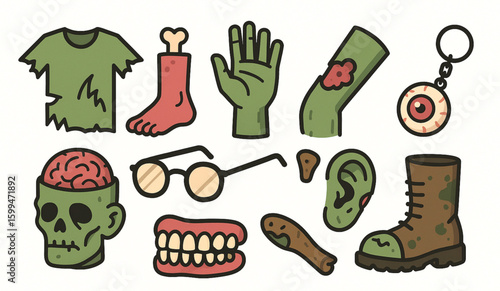 Set of zombie-themed items flat Halloween vector icons