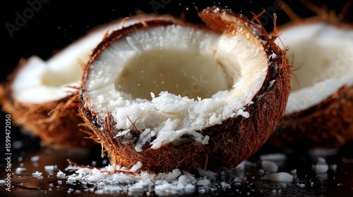 Closeup of Halved Coconut with Shredded Flesh on Dark Background