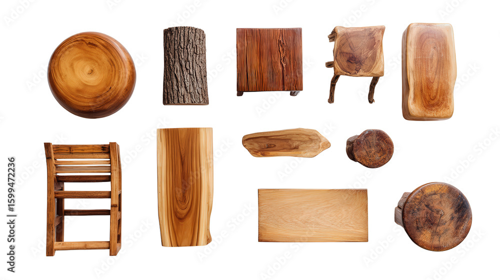 Naklejka premium Handcrafted Wooden Furniture: A flat lay of handcrafted wooden furniture like stools, tables, and chairs, isolated on a Transparent background, PNG file.