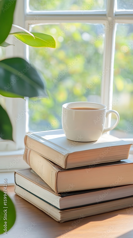 Morning Coffee on Stacked Books Near Window with Green Plant and Natural Light Morning Coffee on Stacked Books Near Window with Green Plant and Natural Light