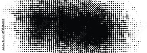 Grunge halftone radial gradient texture. Black pixelated distress circle backdrop.