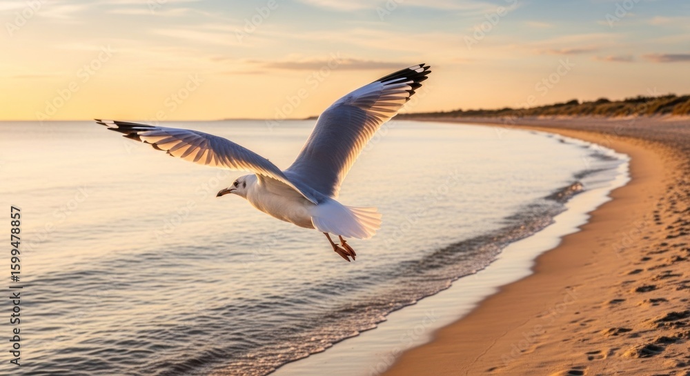 Fototapeta premium Seagull soars over golden beach at sunset
