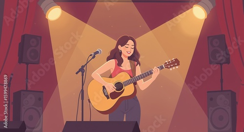 Woman playing acoustic guitar on stage under spotlights