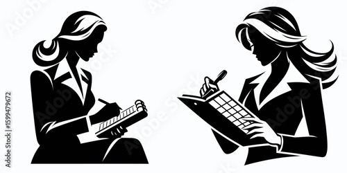 Business woman writing schedule. Corporate Finance Cartoon Minimal Clipart Line Art Vector Illustration. Female professional prepare appointment timetable managing task and project.