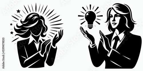 Business woman applauding idea. Corporate Finance Cartoon Minimal Clipart Line Art Vector Illustration. Female professional appreciating concept ovation for innovation approval plan.