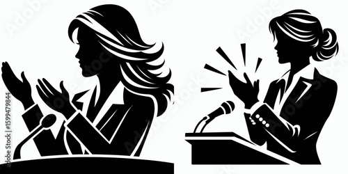 Business woman applauding speaker. Corporate Finance Cartoon Minimal Clipart Line Art Vector Illustration. Female leader giving ovation to presenter during professional talk.