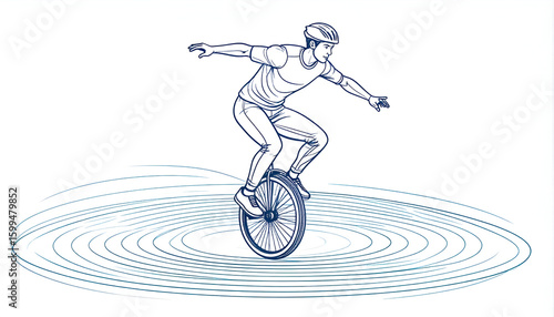 Unicyclist Riding with Water Ripple Background.