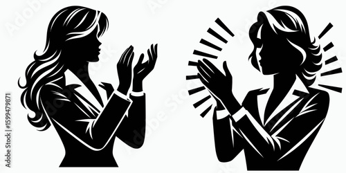 Business woman applauding performance. Corporate Finance Cartoon Minimal Clipart Line Art Vector Illustration. Female executive ovation at a showcase professional lady giving approval.