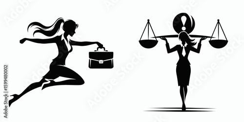 Business woman balancing worklife. Corporate Finance Cartoon Minimal Clipart Line Art Vector Illustration. Female professional achieving harmony between career and personal existence.