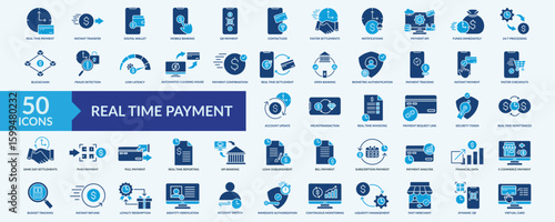 Real time payment icon collection set with digital wallet, mobile banking, qr payment, fraud detection, virtual card
