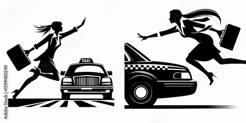 Business woman catching taxi. Corporate Finance Cartoon Minimal Clipart Line Art Vector Illustration. Female professional hailing cab getting transport in urban area work travel.