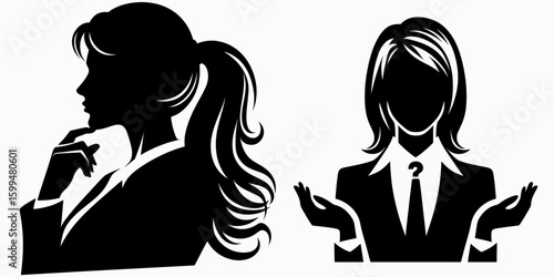 Business woman facing decision. Corporate Finance Cartoon Minimal Clipart Line Art Vector Illustration. Female executive pondering choice at work guidance leadership career growth.
