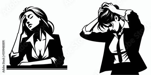 Business woman feeling exhausted. Corporate Finance Cartoon Minimal Clipart Line Art Vector Illustration. Female worker tired drained after a hard job overwhelmed professional burnout.
