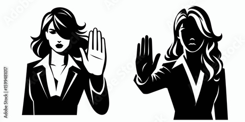Business woman gesturing stop. Corporate Finance Cartoon Minimal Clipart Line Art Vector Illustration. Executive female showing halt indication worker preventing advance.