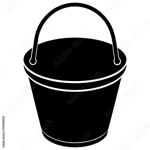 A simple black and white silhouette of a classic bucket with a curved handle