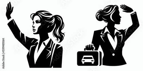 Business woman hailing ride. Corporate Finance Cartoon Minimal Clipart Line Art Vector Illustration. Female professional person calling cab auto or vehicle for transport.