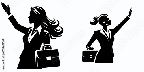 Business woman hailing ride. Corporate Finance Cartoon Minimal Clipart Line Art Vector Illustration. Executive female calling auto cab or taxi for transport.