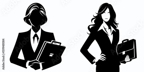 Business woman holding brief. Corporate Finance Cartoon Minimal Clipart Line Art Vector Illustration. Female professional with report executive carrying important paperwork.
