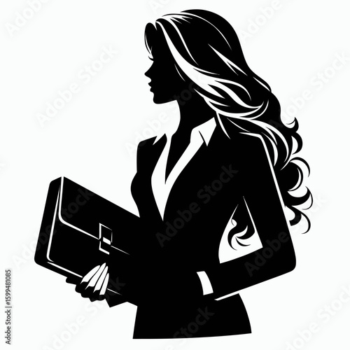 Business woman holding brief. Corporate Finance Cartoon Minimal Clipart Line Art Vector Illustration. Professional female with official document for enterprise task.