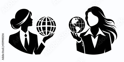 Business woman holding globe. Corporate Finance Cartoon Minimal Clipart Line Art Vector Illustration. Executive with world model global commerce vision female leader concept.