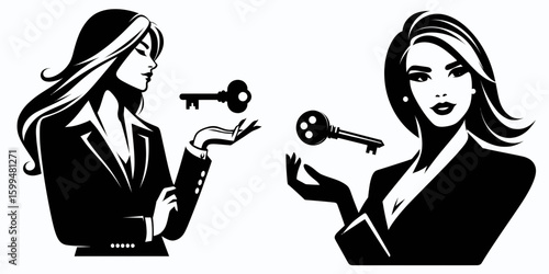 Business woman holding key. Corporate Finance Cartoon Minimal Clipart Line Art Vector Illustration. Female executive grasping opener unlocked growth achievement concept job success.
