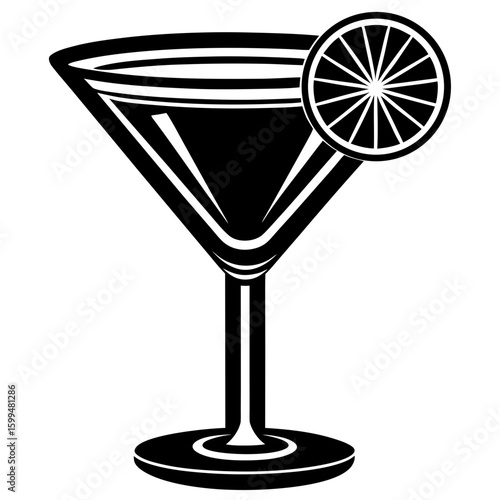 A sophisticated black and white silhouette of a martini glass filled with liquid