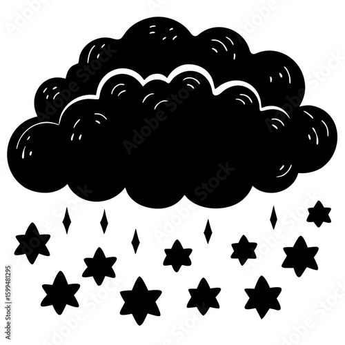 A whimsical black and white silhouette of a dark cloud raining stars and