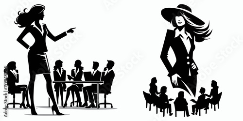 Business woman leading brainstorming. Corporate Finance Cartoon Minimal Clipart Line Art Vector Illustration. Female professional guiding a team idea creation session.