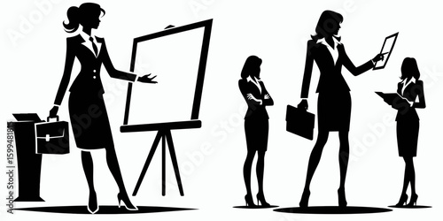 Business woman leading presentation. Corporate Finance Cartoon Minimal Clipart Line Art Vector Illustration. Female professional guiding briefing giving lecture or imparting info to a team.