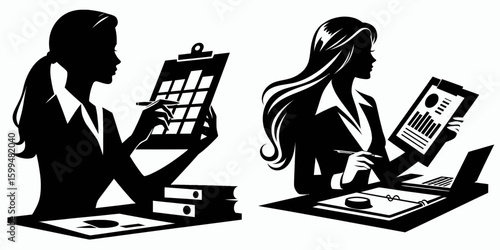 Business woman managing project. Corporate Finance Cartoon Minimal Clipart Line Art Vector Illustration. Female leader overseeing undertaking a expert coordinating venture.