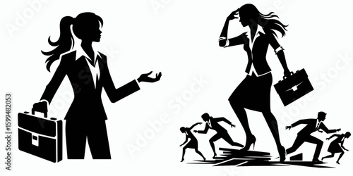 Business woman managing crisis. Corporate Finance Cartoon Minimal Clipart Line Art Vector Illustration. Female executive steering difficulty professional at helm during trouble.