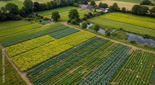 Aerial View of Sunflowers and Cabbages in a Farm Field