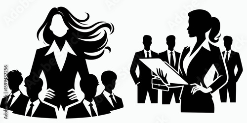 Business woman managing team. Corporate Finance Cartoon Minimal Clipart Line Art Vector Illustration. Female leader oversight of staff directing personnel workplace governance.