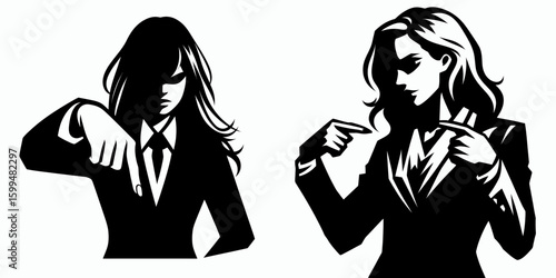 Business woman pointing downward. Corporate Finance Cartoon Minimal Clipart Line Art Vector Illustration. Female executive directing attention low demonstrating strategy planning advice.
