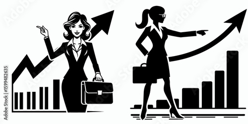 Business woman presenting growth arrow. Corporate Finance Cartoon Minimal Clipart Line Art Vector Illustration. Female executive displaying rising diagram achieving improved development.