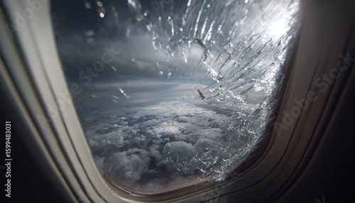 In-flight view through a severely shattered airplane window, capturing the wing and cloudy sky, suggesting a mid-air incident or emergency.