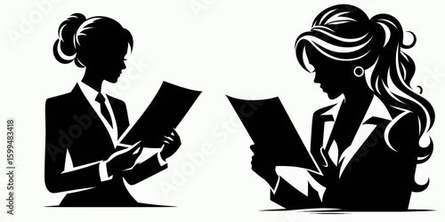 Business woman reading report. Corporate Finance Cartoon Minimal Clipart Line Art Vector Illustration. Female professional study document analyze data for firm plan job growth.