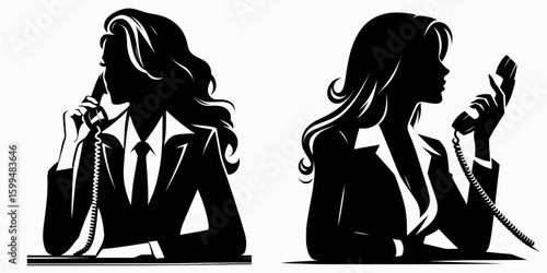Business woman waiting call. Corporate Finance Cartoon Minimal Clipart Line Art Vector Illustration. Female professional anticipating communication at work getting a ring.