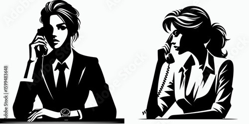 Business woman waiting call. Corporate Finance Cartoon Minimal Clipart Line Art Vector Illustration. Female professional anticipates a ring communication device in her hand.