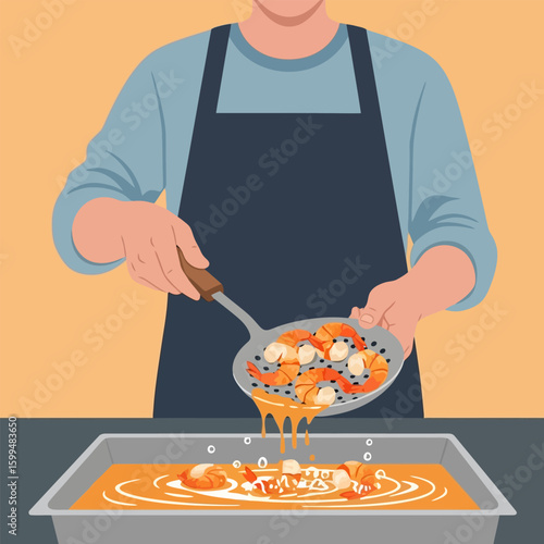 Person Cooking Orange Shrimp with Strainer in Pan on Yellow Background