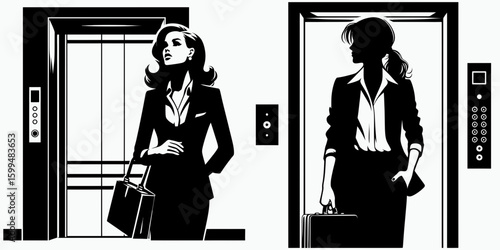 Business woman waiting elevator. Corporate Finance Cartoon Minimal Clipart Line Art Vector Illustration. Executive female awaiting lift professional at doorway modern building.